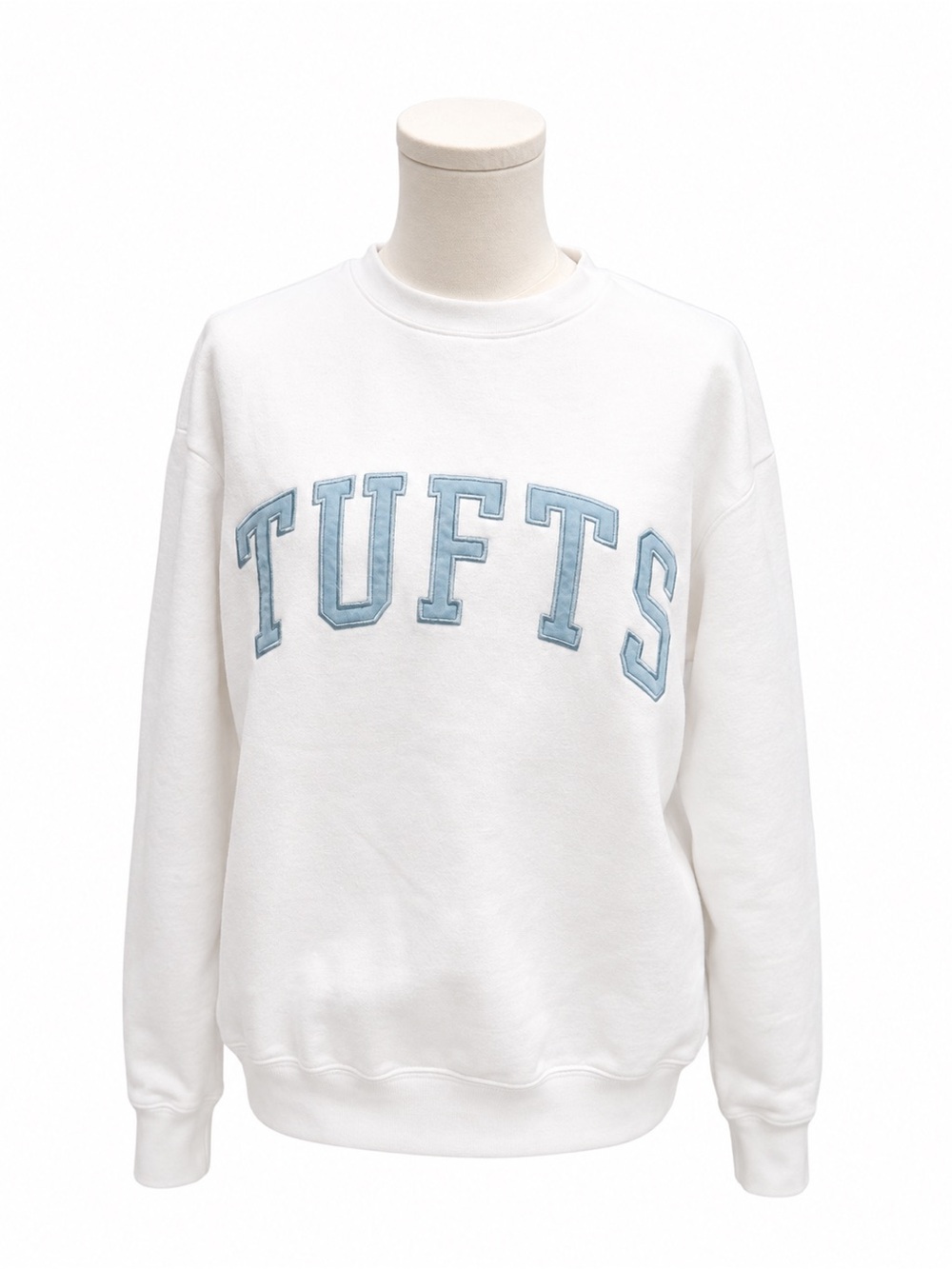 White Crewneck Sweatshirt with Light Blue Lettering
